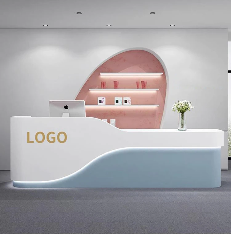 Custom Logo White And Blue Hotel Lobby Front Desk Reception Salon Reception Podium Desk