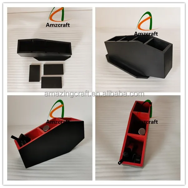 Black Color Custom Wooden Small Halloween Coffin Shape Makeup Tool Box with Removable Compartments