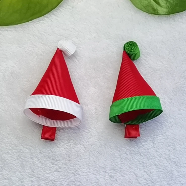 Hot selling Christmas Grosgrain Ribbon baby girl hair accessories cartoon candy cane Christmas mini santa hat hair bow clip