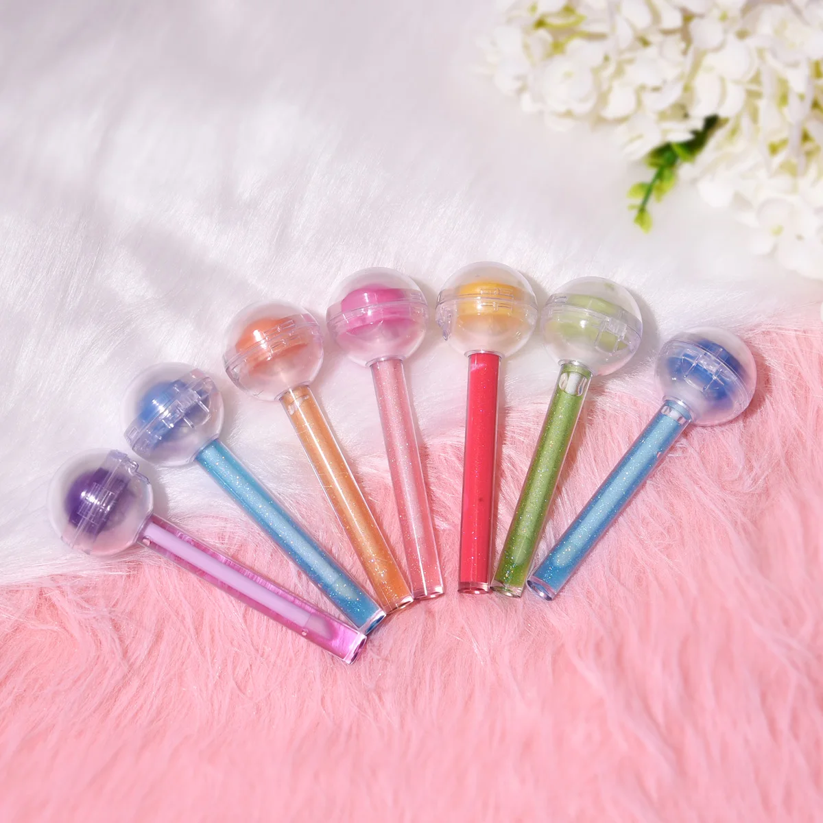 Private Label Clear Custom Fruit Glitter Make up Wholesale Kids Lip Oil Set Lollipop Lip Balm Vegan Lip Gloss