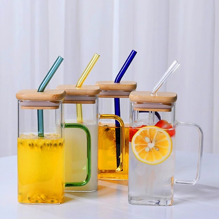 Newest Reusable Borosilicate Drinking Cups 13.5OZ 400ML Glass Square Cup Mug With Colored Handle Straw And Lids