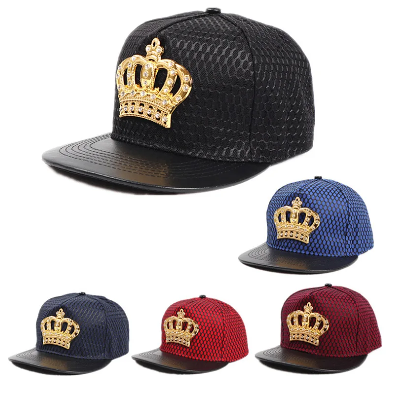 Fashion Flat Brim Hip Pop Cap King Crown Snapback Hat Baseball Cap with Metal