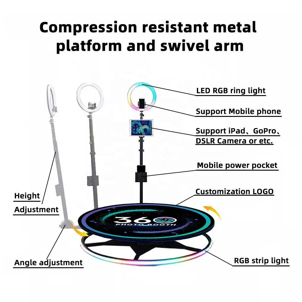 Spin Degree 100Cm 369 3D Ring Light Selfie Wedding Portable Video Camera 360 Photo Booth with rgb light