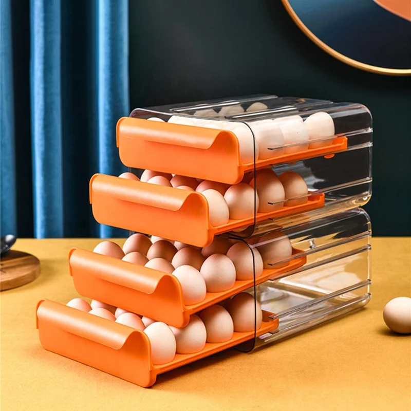 House Kitchen Fridge Organizer Drawer Egg Plastic Storage Box 32 Grid 2-Layer Egg Container Trays