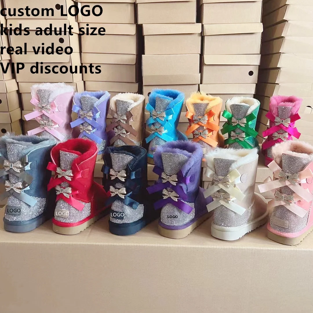 Dropshipping Custom brand logo Wholesale fashion ladies sheepskin kids women winter snow ribbon fur boots with bows