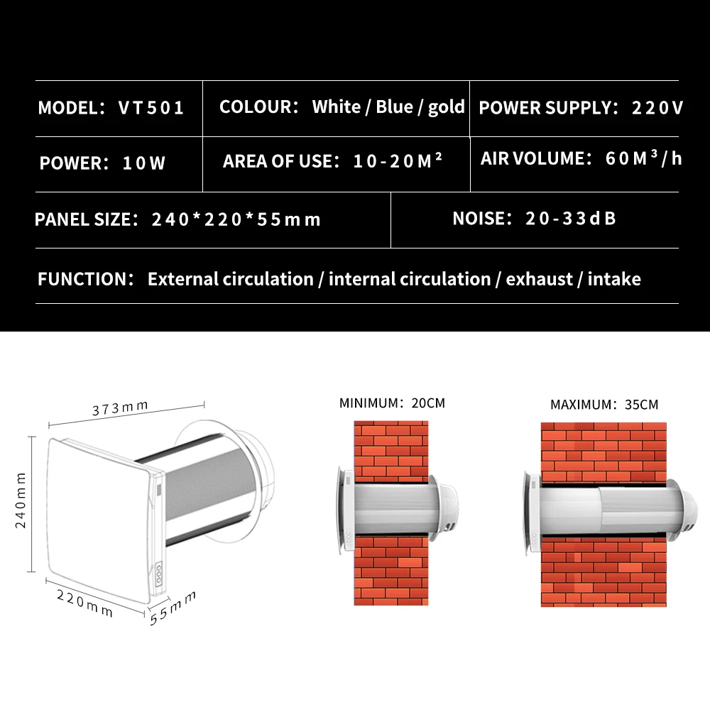 VTRONIC Ductless HRV Ventilation Fan Room-Side Installation Bathroom Exhaust Fan