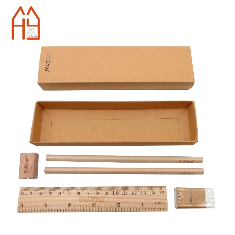 Customized engraving laser logo Office Stationery Gift Set Paper box and Wooden Pencil stationery set for school