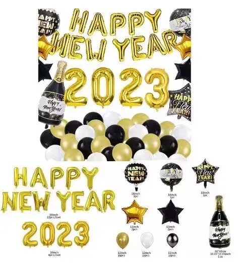 2023 Happy New Year Party Balloons sets Balloon Banner-Black and Gold Star Champagne Mylar Foil Party Supplies