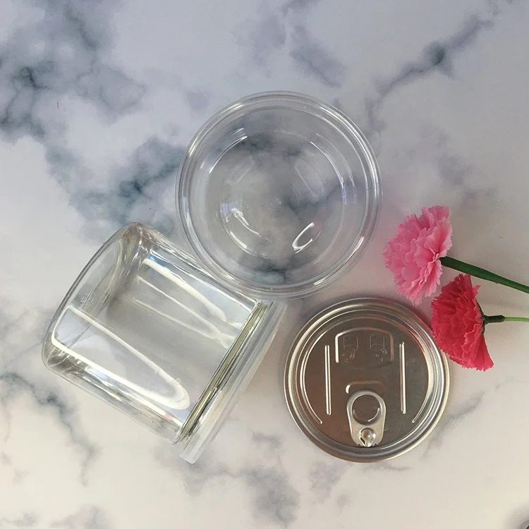 Round plastic pet easy open can Transparent food grade jar with sliver aluminum cap
