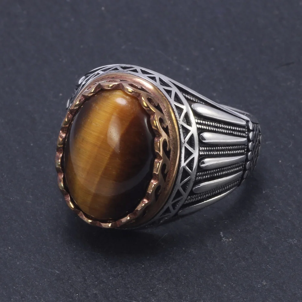 925 Silver Gems Stone Mens Ring Luxury Big Turkish Ring With Green Red Tiger Eyes Stones Vintage Turkey Jewelry  Rings For Men