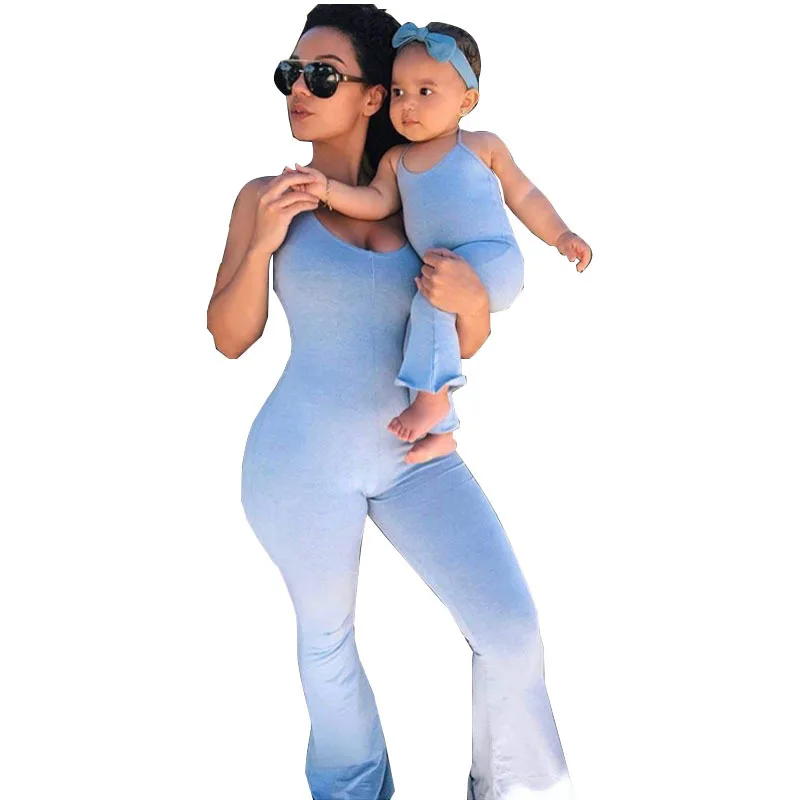 2021 mother and daughter clothes summer blue casual one piece jumpsuit mommy me family matching