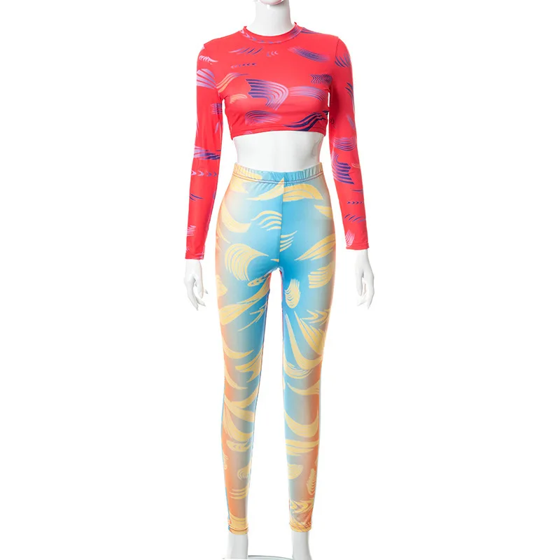 Fall 2021 women clothes new style tie-dye printed t-shirt high waist sports fall sets casual 2 piece