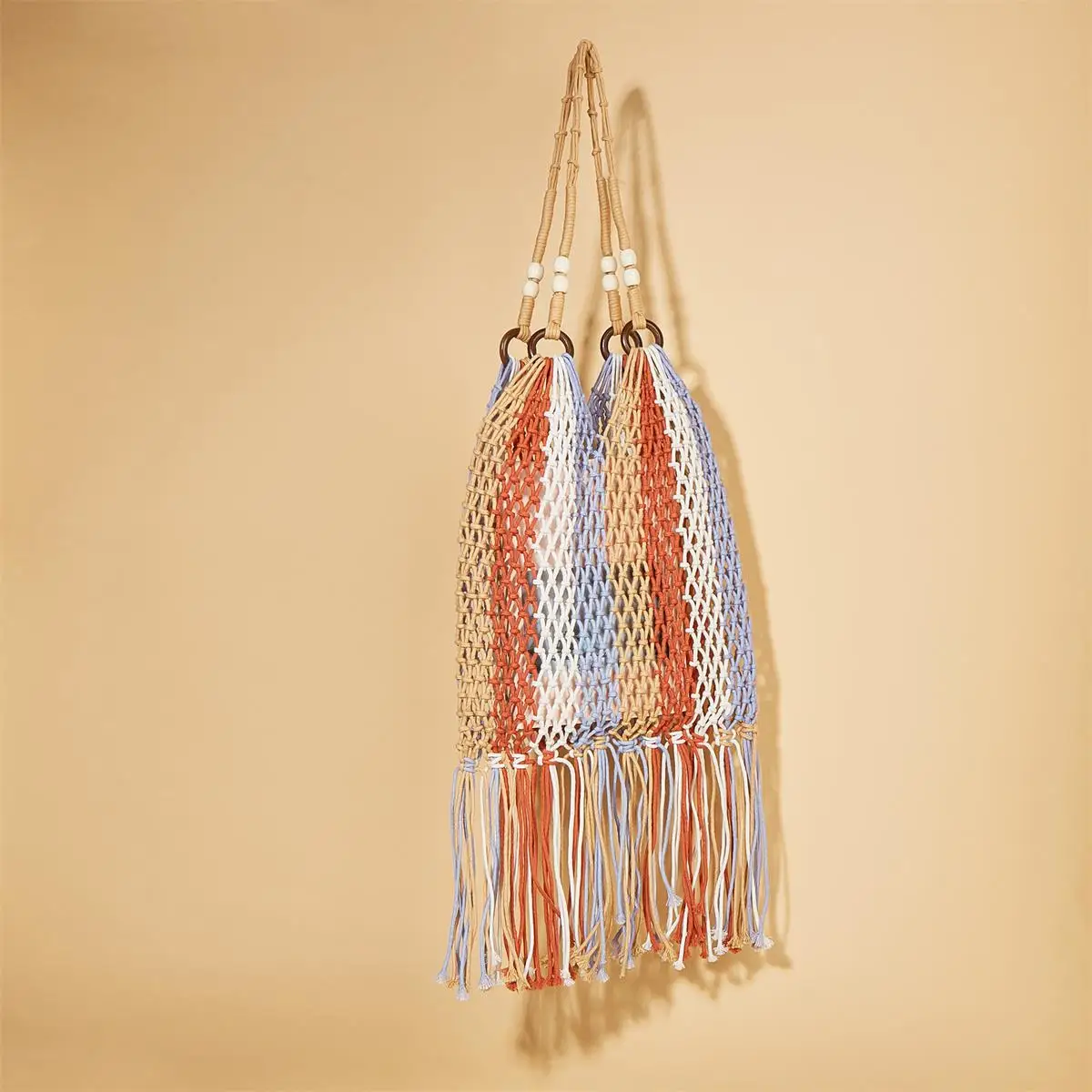 Wholesale Cotton Polyester Rope Handmade Woven Hollow Tassel Handbag Multicolor Rope Ring Handles Grocery Girls Outdoor Casual