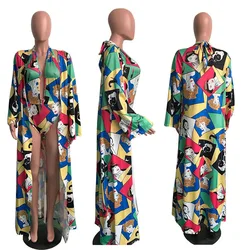 Sexy Bodysuits two pieces set women print long sleeve X-long cloak and deep o-neck bodysuit 2pcs beach tracksuit outfit