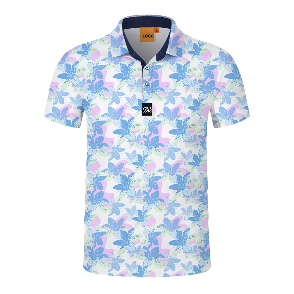 Wholesale luxury high quality stretch elastic full all over print sublimation polyester golf polo t shirt custom logo poloshirts