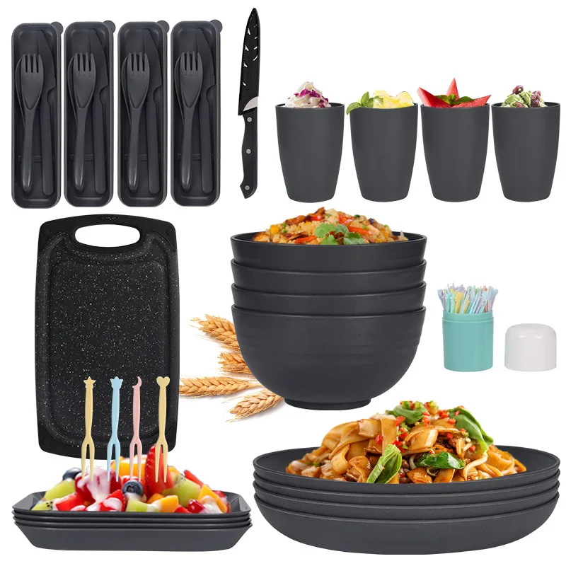Wheat Straw Black Plate Bowl Cup Dish Tableware Outdoor Portable Tableware Cutting Board Steak Knife Fork Spoon Set