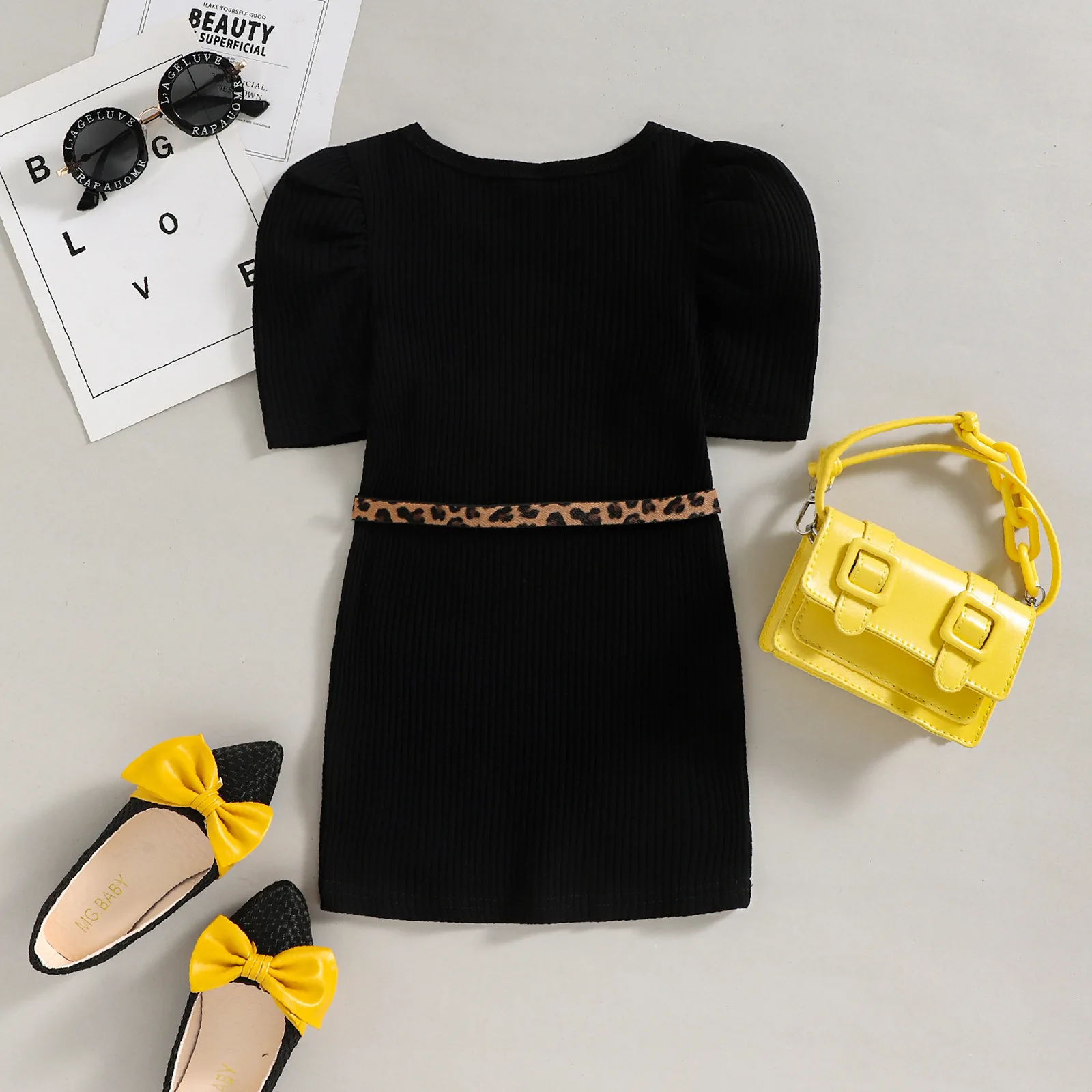 New Summer Spring Girls Cotton 2022 Bubble Sleeve Solid Color Pit Stripe Skirt Leopard Print Fanny Pack Children Knitting Dress