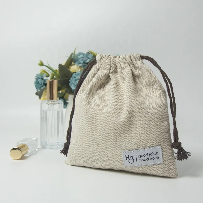 Promotional Personalized Custom Herringbone Linen Drawstring Pouch Cotton Gift Cosmetic Storage Bag