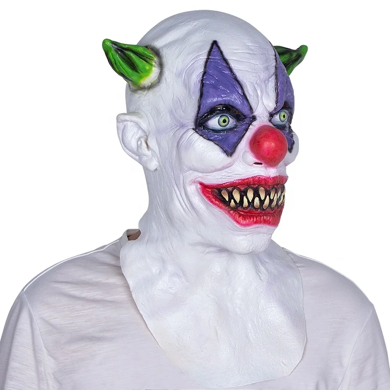 Evil Joker Mask Halloween Carnival Party Horror Killer Clown Latex Masks Creepy Green Horned Clown Mask Head Cover Holiday Gift