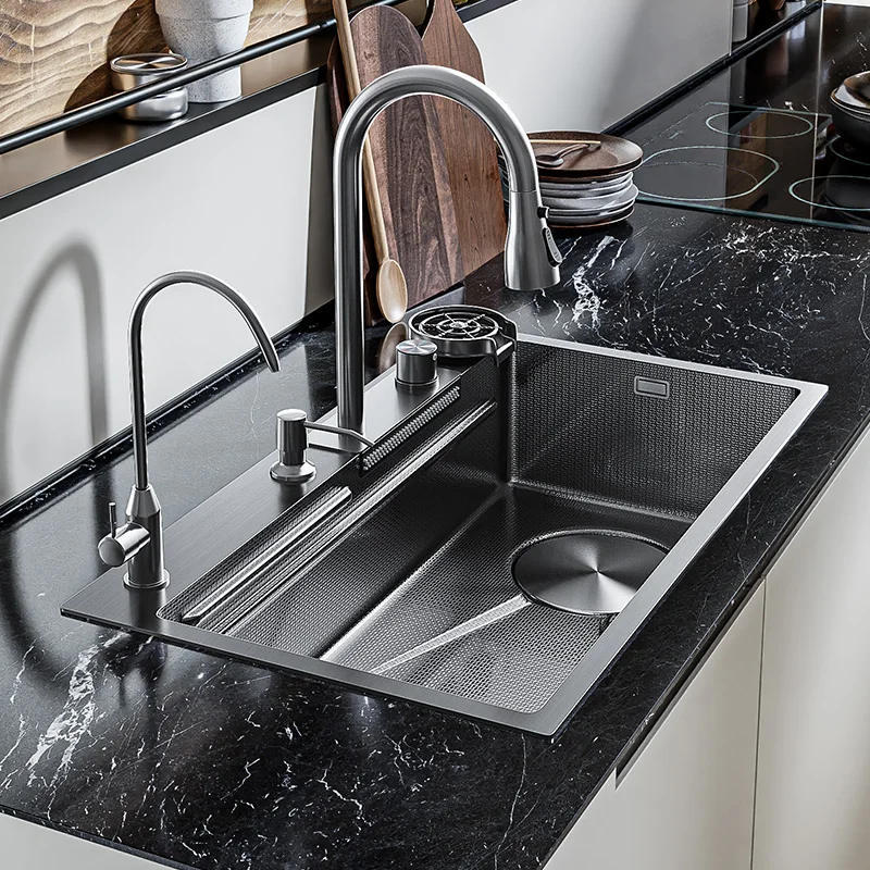 Black Embossed Flying Rain Design Matching Drain Basket Cutting Board Family Multifunctional Kitchen Sink