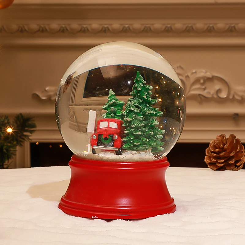 Custom Tree Snow Globe Resin Water Globe Glass Blowing Snow Tree Red Car Red Base Christmas Decor Gift Music Resin Snow Globe