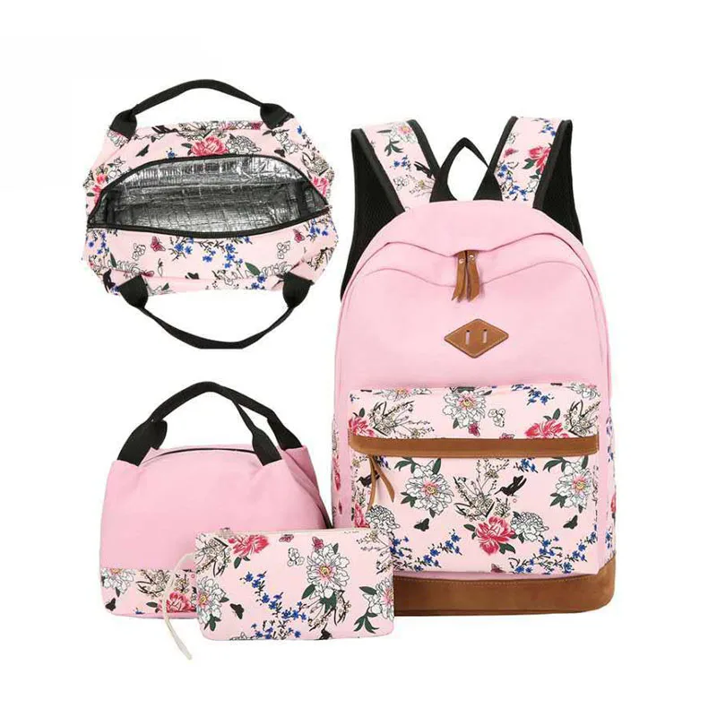 Custom Fashion Trend New 3 Set Backpacks High Quality Girls Cute Pink Soft Canvas Student School Bag And Lunch Bag Set For Kids