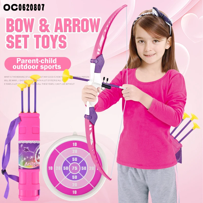 Girls pink shooting target plastic archery bow and arrow game toy for kids