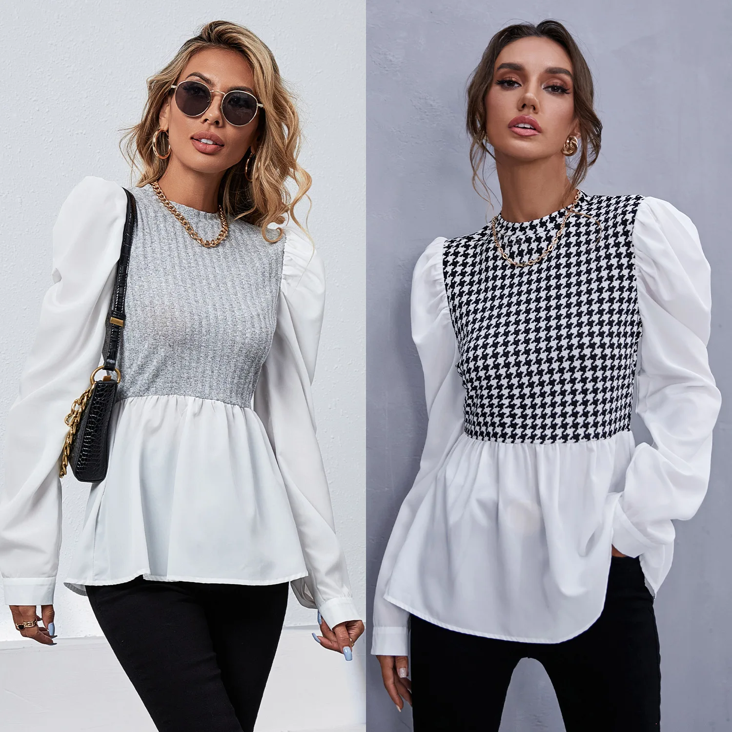 Fall Houndstooth Puff Sleeve Plaid Shirt Polyester Long Sleeve White Office Lady Tops T Shirt Blouse Elegant Women