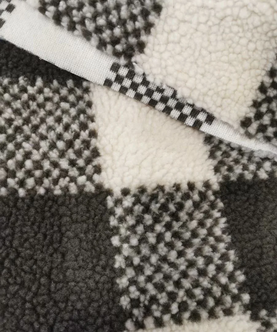 350GSM Thick One Side Antipilling 100 Polyester Black Plaid Print Sherpa Fleece Fabric