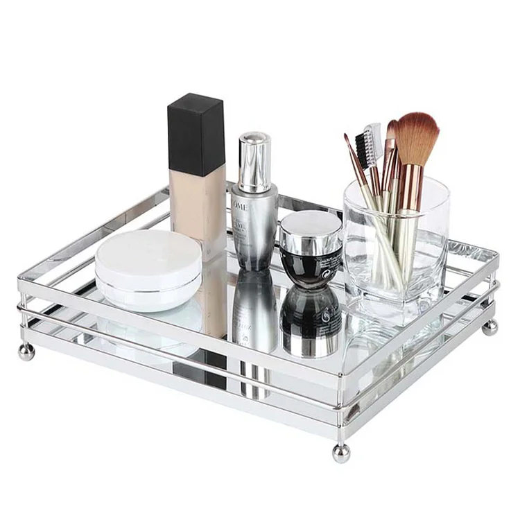 Wholesale Home Decorative Storage Silver Glass Mirror Tray Gold Metal Serving Tray
