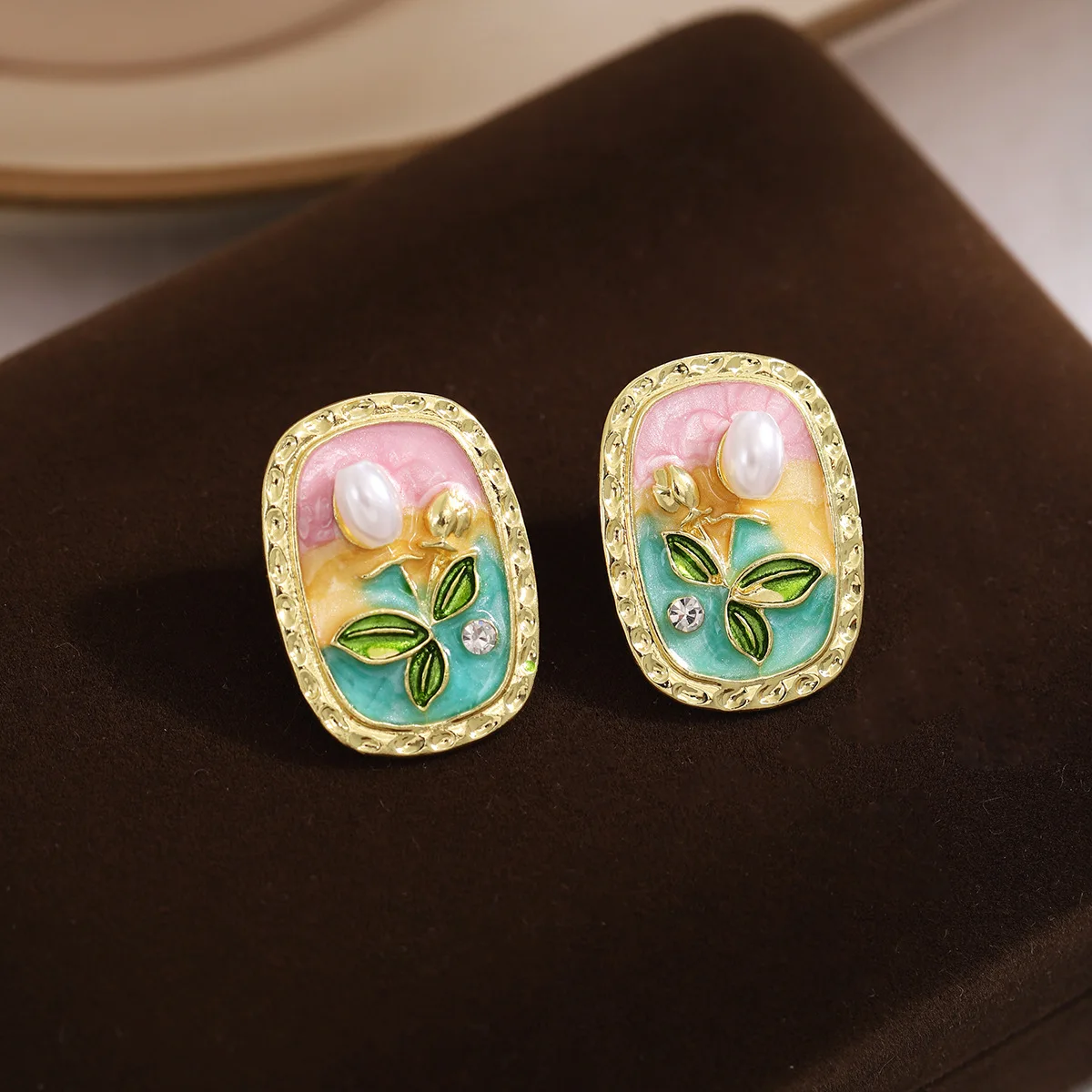 925 silver needle summer oil painting oval drop flower earrings ladies retro Pearl earrings