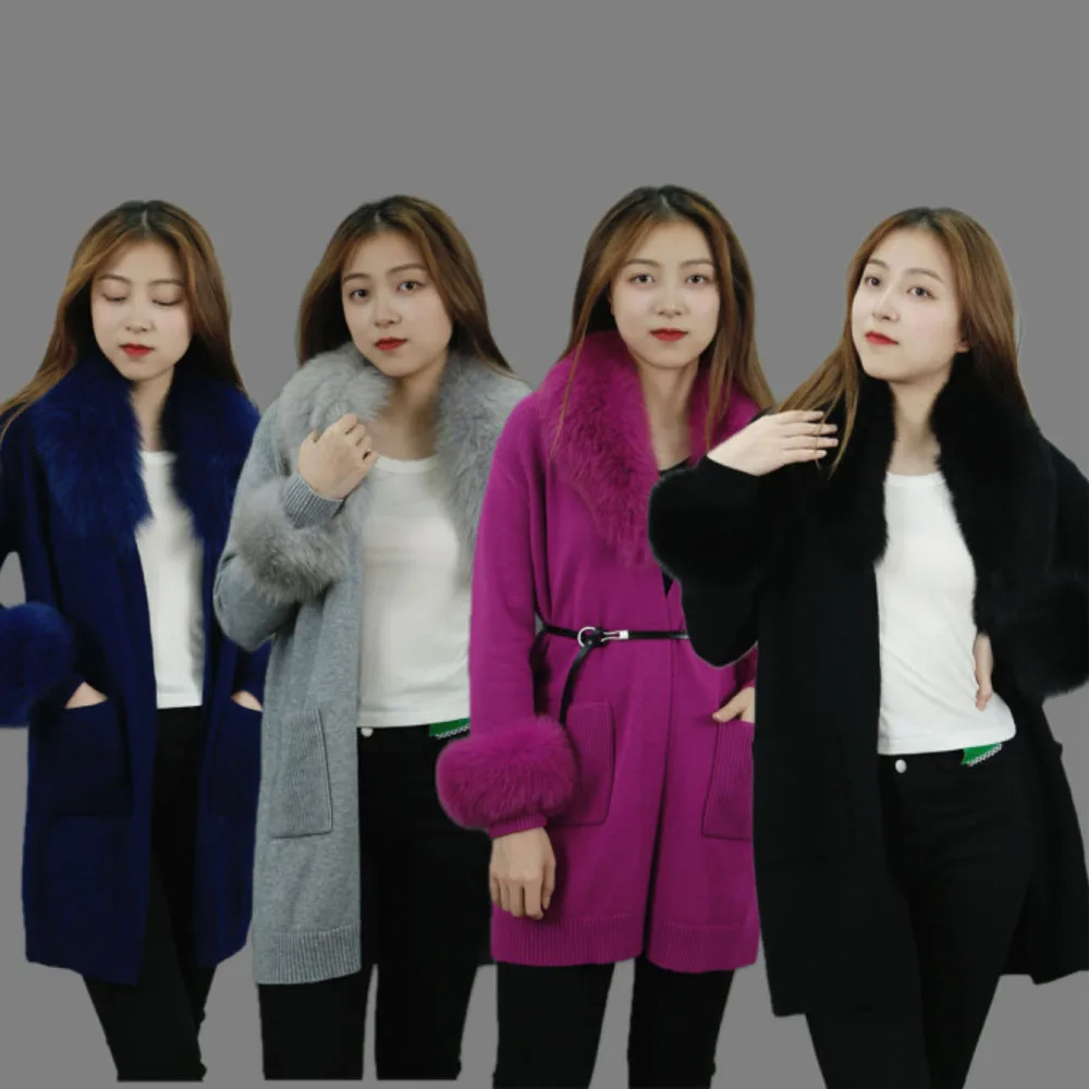 Latest Design Women Comfortable Wool Blend Knitted Sweaters Cardigan With Fur