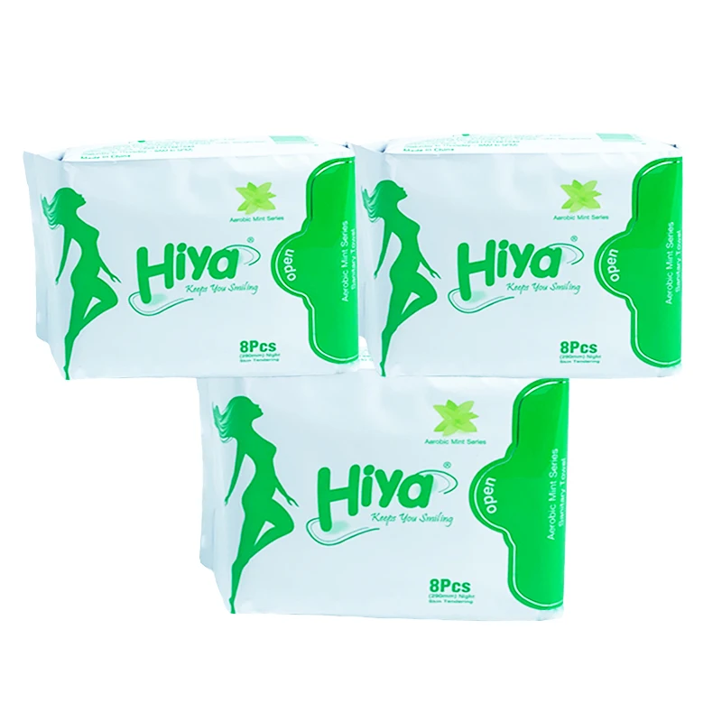 Hiya china supplier woman sanitary napkins with super absorb pure cotton surface new packing sanitary pad samples free