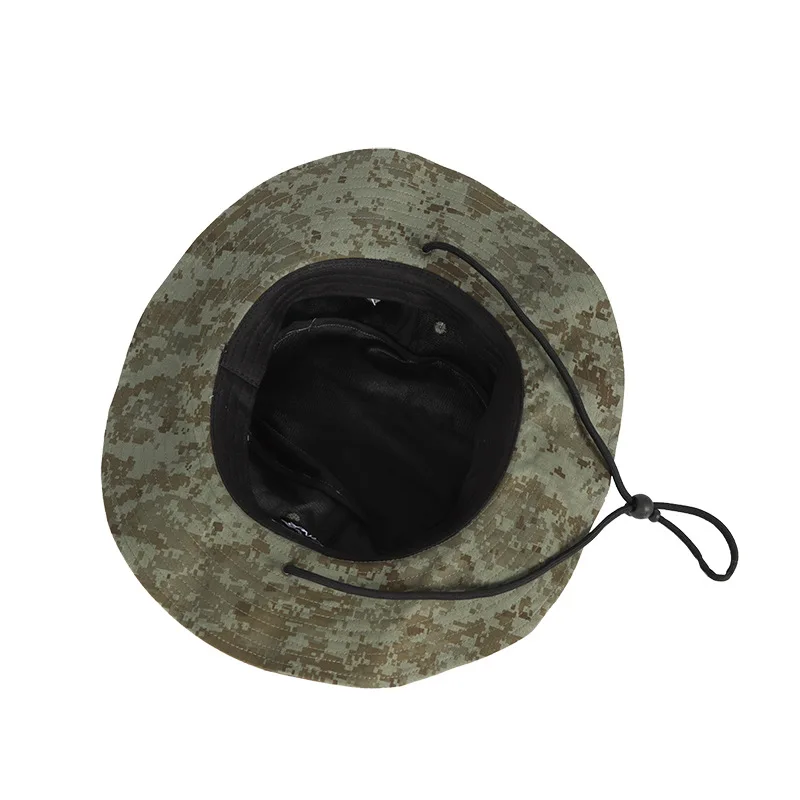 Hot Wholesale Camouflage Fisherman Patch Logo Customized Cotton Unisex Camping Outdoor Wide Brim Camo Bonnie Hat With String