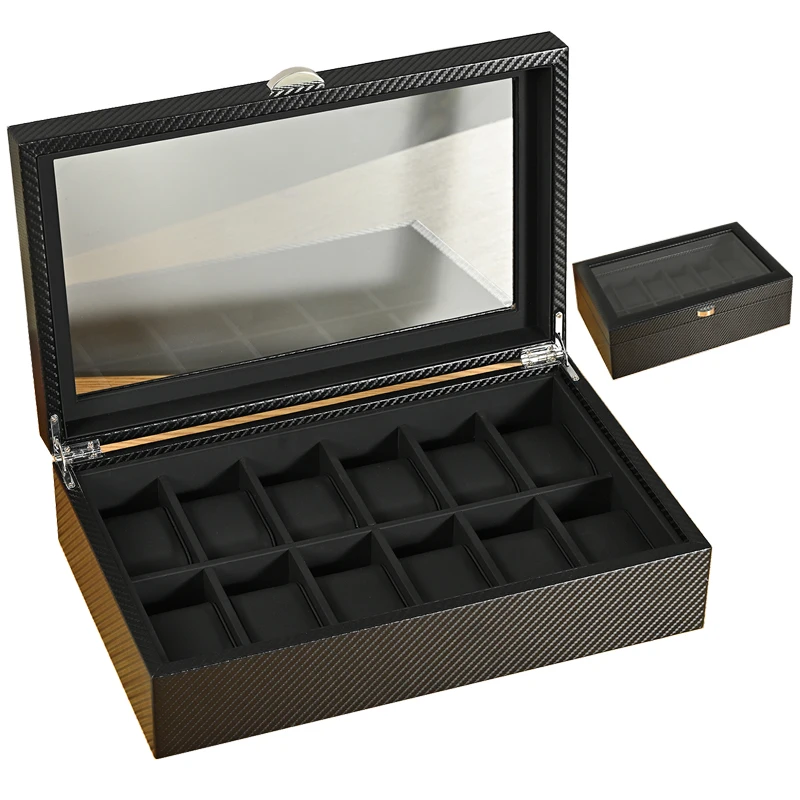 New model caja reloj 10/12 slots glass top display luxury carbon fiber  leather watch case organizer