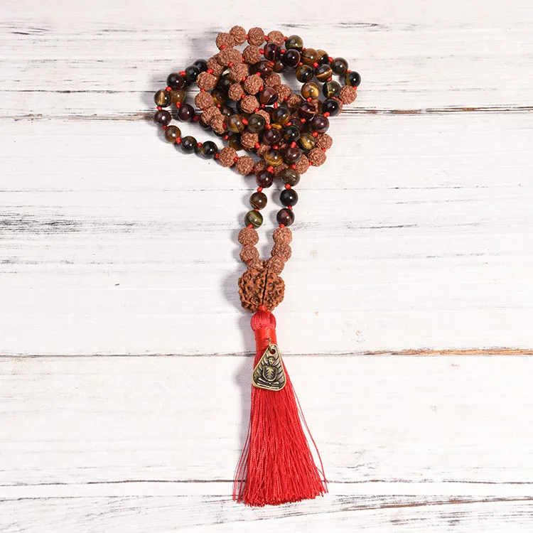 Boho Style Rudraksha Mala Gemstone 7 Chakra Stone Necklace 8Mm108 Mala Beads Necklace Pearl Tassel Necklace