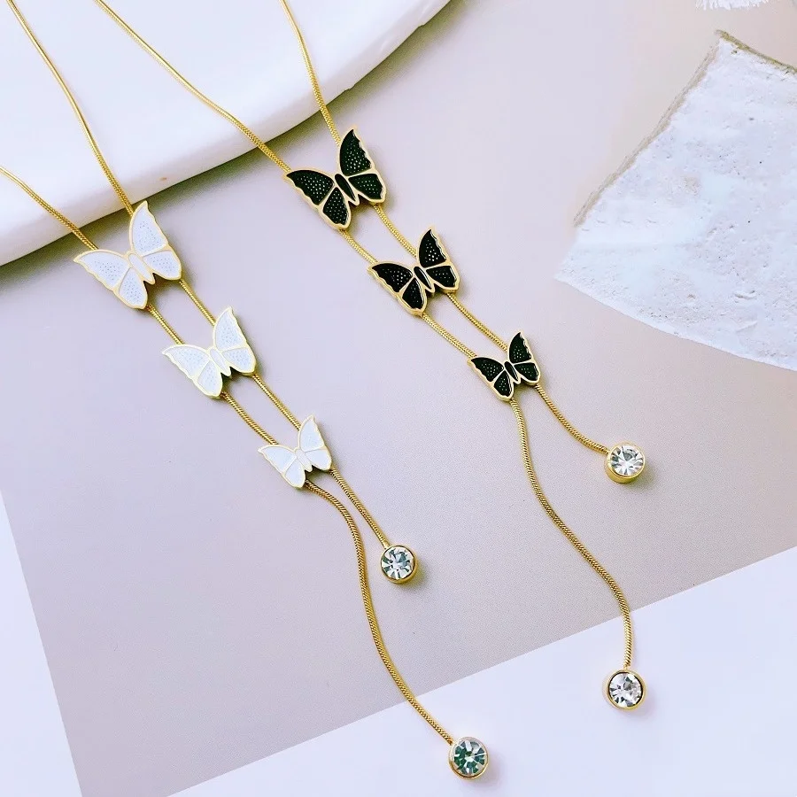 Triple White Black Butterfly Necklace 18k Gold Plated Wholesale Price Butterfly Stainless Steel Necklace