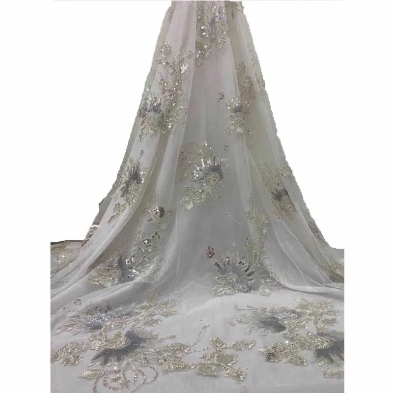 Mesh Embroidered Lace Beads Golden 100% Polyester 3d Embroidered Lace Dress