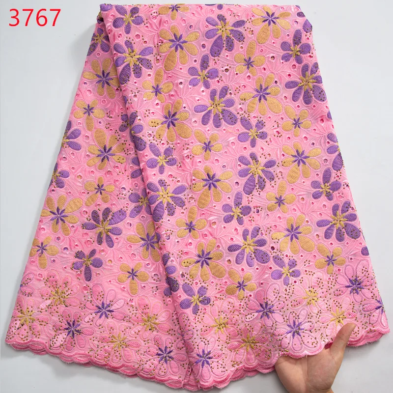 3767 High Quality Nigerian Cotton Embroidered 2024 Swiss Voile Lace 5 Yards African Lace Fabric With Crystals Dresses for Women