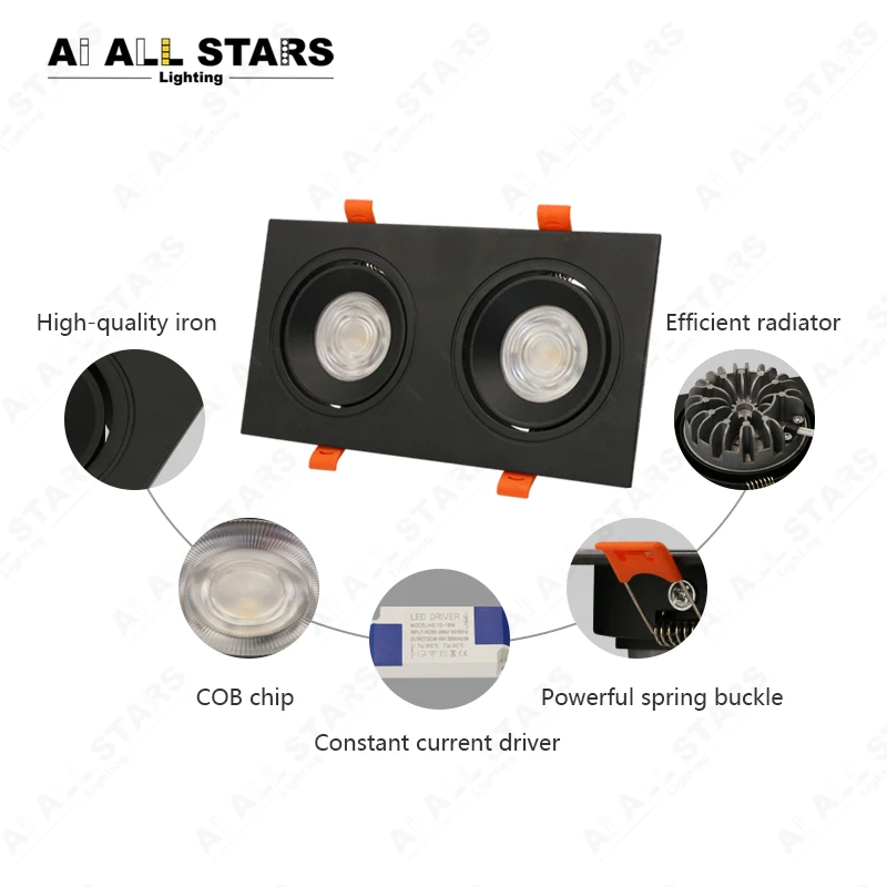 Aluminum Square Rectangle Recessed Tunable Double Twin Two Head Fixture 2x10W 15W LED Lamp Grille Cob Led Downlight
