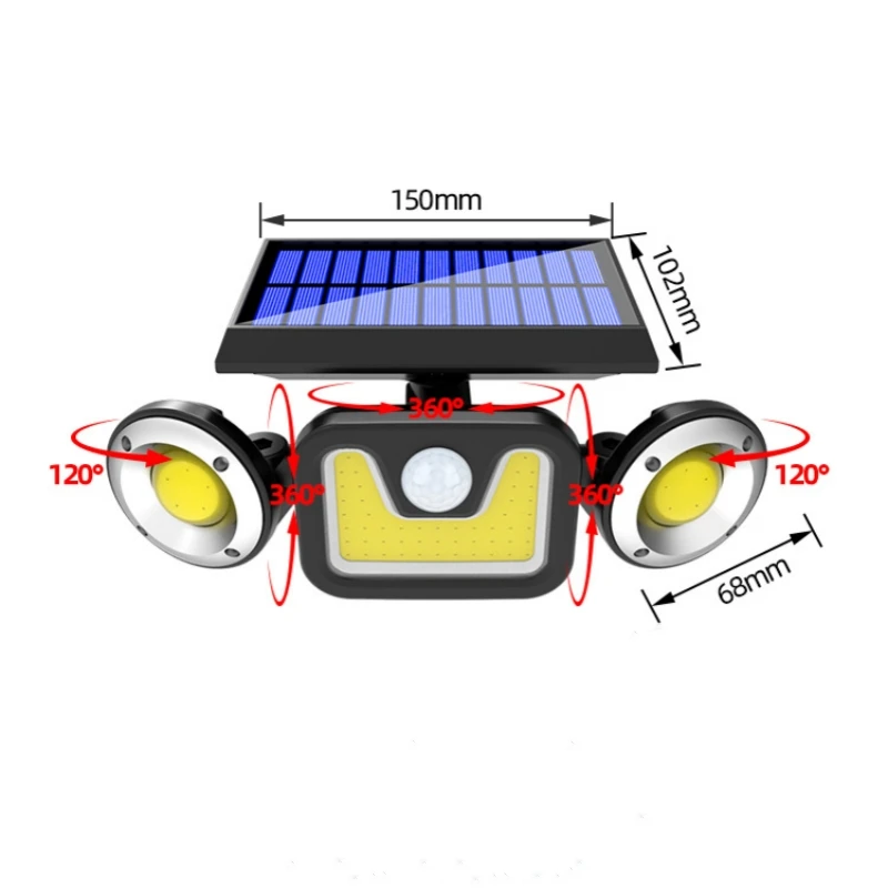Outdoor Solar Garden Lights Waterproof 3 Adjustable Heads 270 Wide Angle 83COB Solar Light Body Sensor Wall Lamp