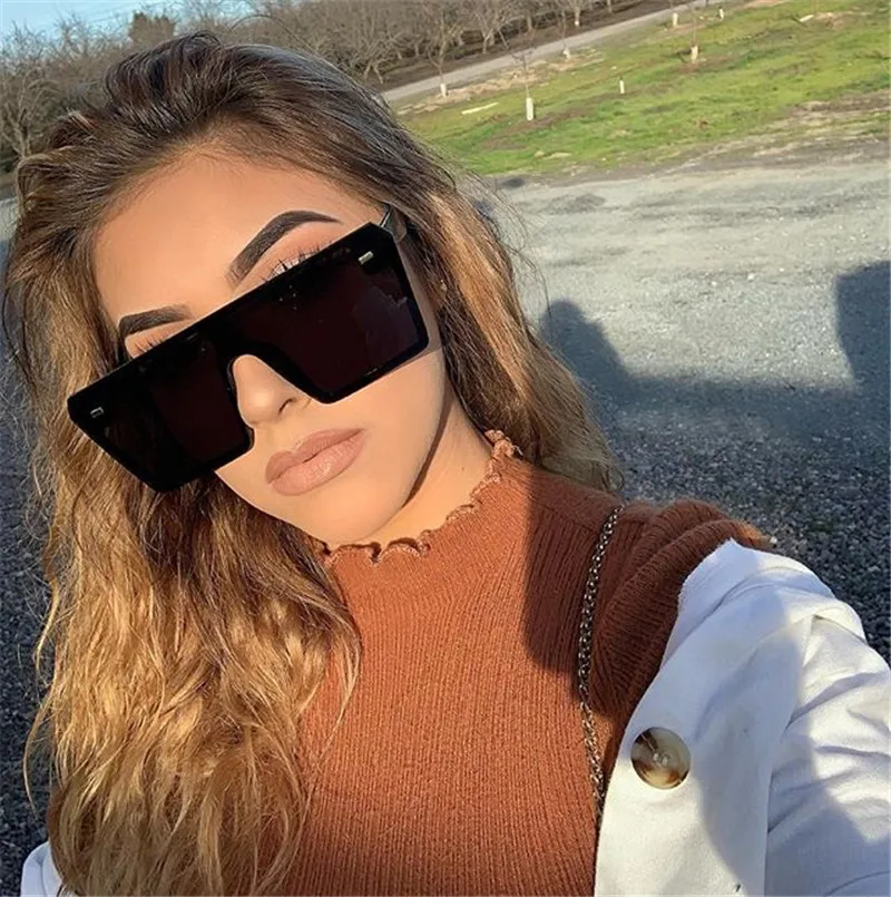 Square Sunglasses Women Oversized Flat Top Black Clear Lens One Piece Sun Glasses