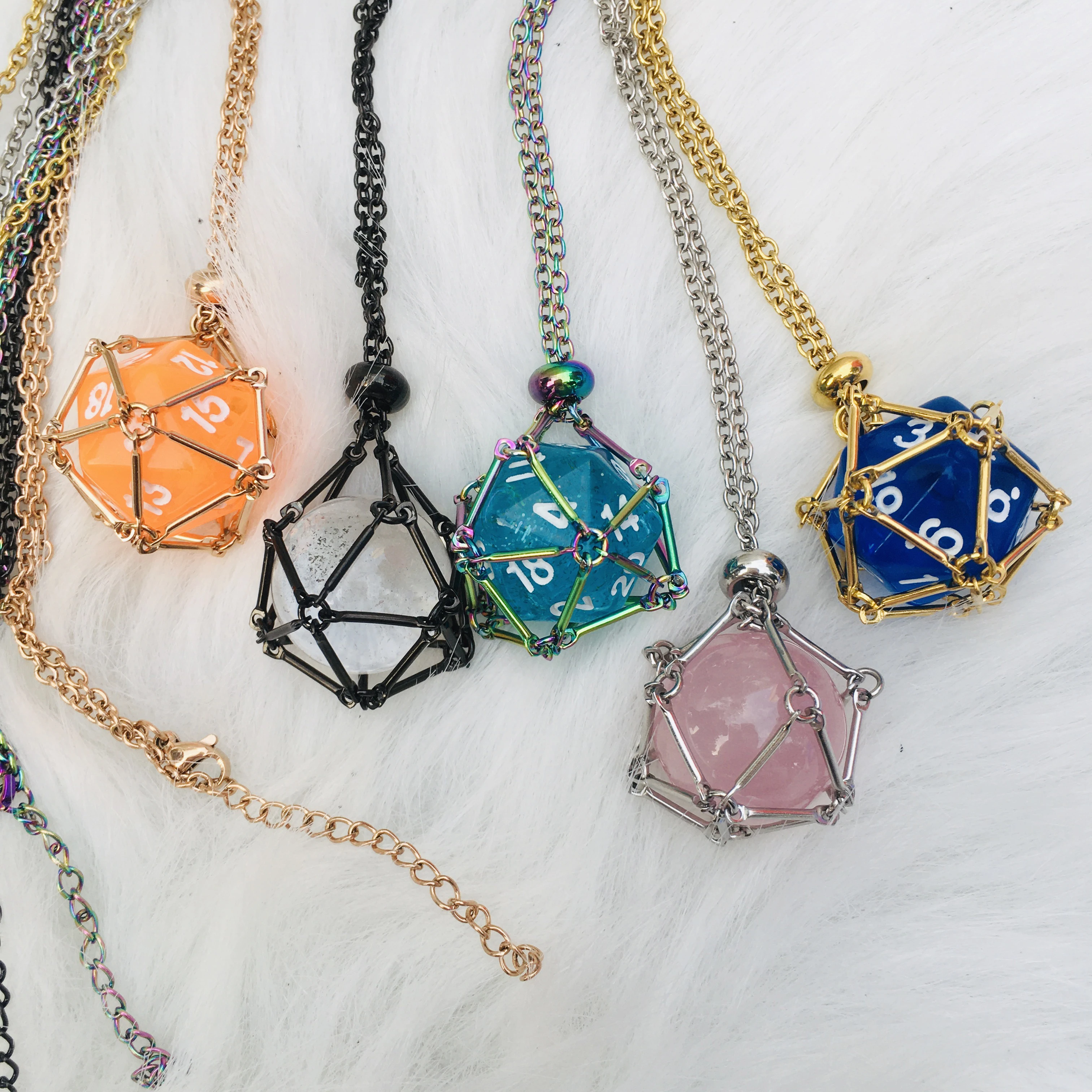D20 Dice Necklace Handmade Stainless Steel Crystal Gemstone Pendant Pouch Holder