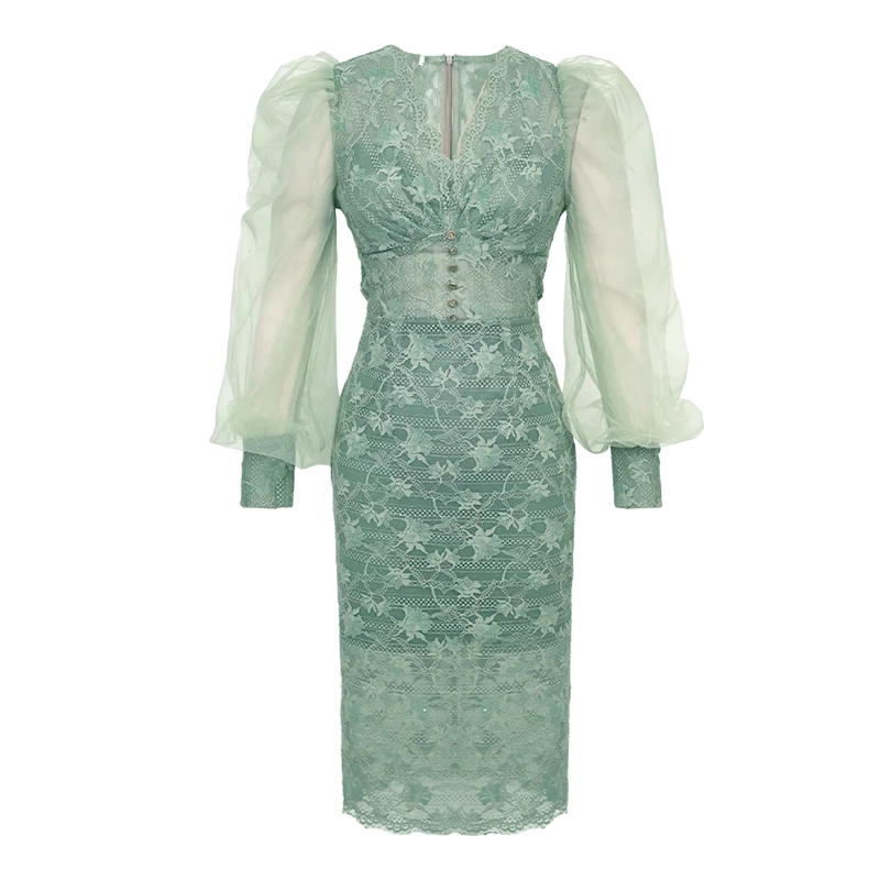 ZYHT 20269 Hot Selling Women Fashion Dresses Spring Autumn Puff Sleeve Floral Hollow Out Lace Printed Ladies Dress