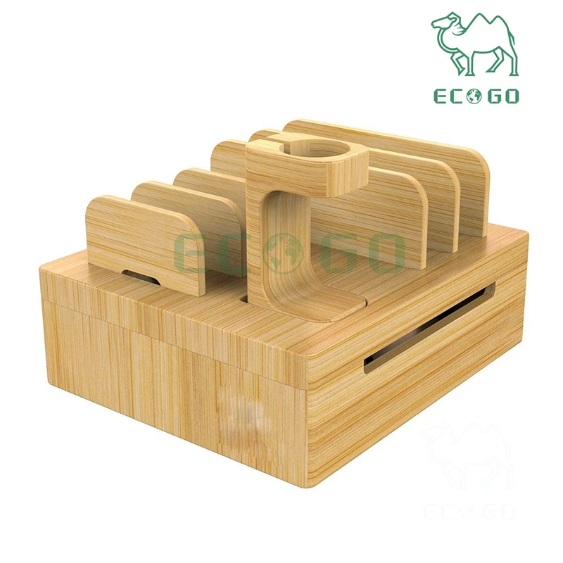 Bamboo Desktop Charging Organizer Multi Device Charging Station Dock For iPhone iPad Smartphone Tablets Trendy Charging Dock