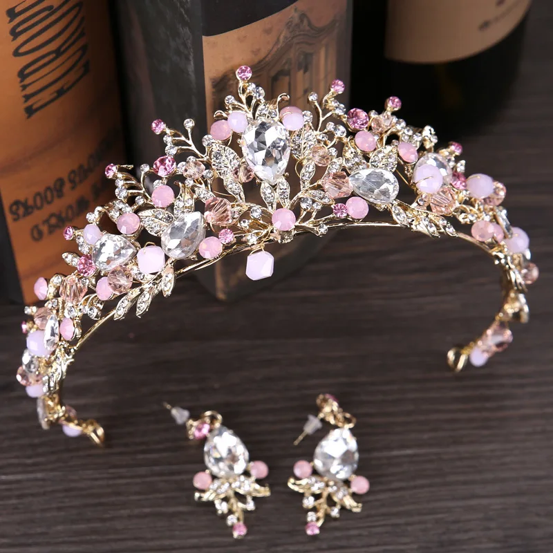 Leaves teardrop Rhinestones Bride Hair Accessories Wedding Queen Crown Earring Set Bridal Hairband for Wedding Tiaras