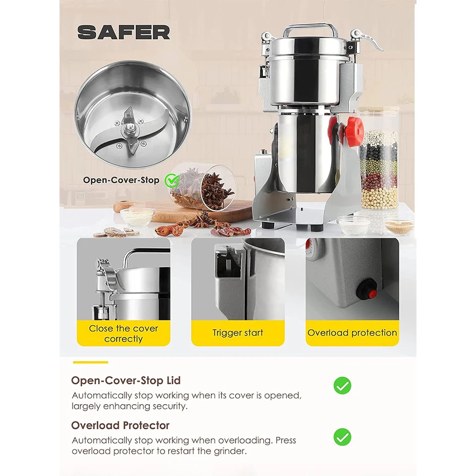 800g Electric Grain Grinder Mill Safety Upgraded 2400W High-speed Spice Herb Grinder Commercial Superfine Machine Dry Cereals