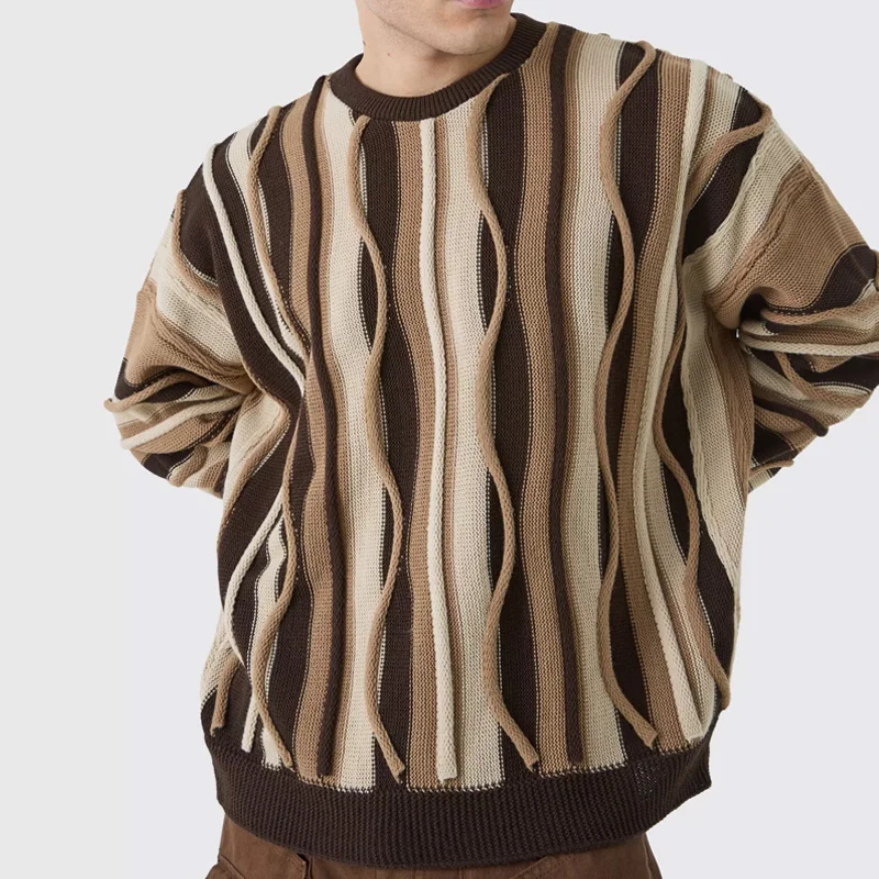 Factory wholesale custom knitwear oversized 3d jacquard knitted jumper crew neck long sleeves pullover knit sweater men