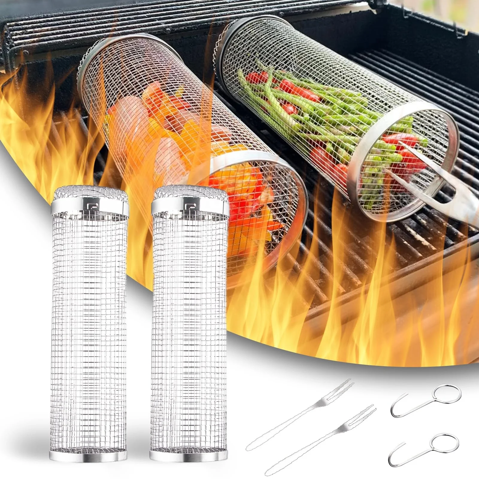 Hot Sale New Round Portable Net Tube Cylinder 304 Stainless Steel Bbq Rolling Grilling Baskets For Outdoor Grilling