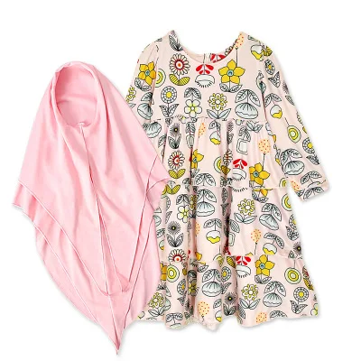 IHSN0713 весенне-осенняя одежда для девочек мусульманское платье с цветочным рисунком + Тюрбан, платья из двух предметов